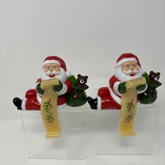 2 Vtg 60s 70s Celluloid Christmas Holiday Santa Mantel Stocking Holder Hanger - Picture 1 of 8